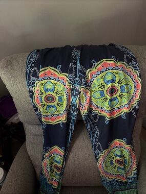 Navy Wide-Leg Pants with Colorful Medallion Print